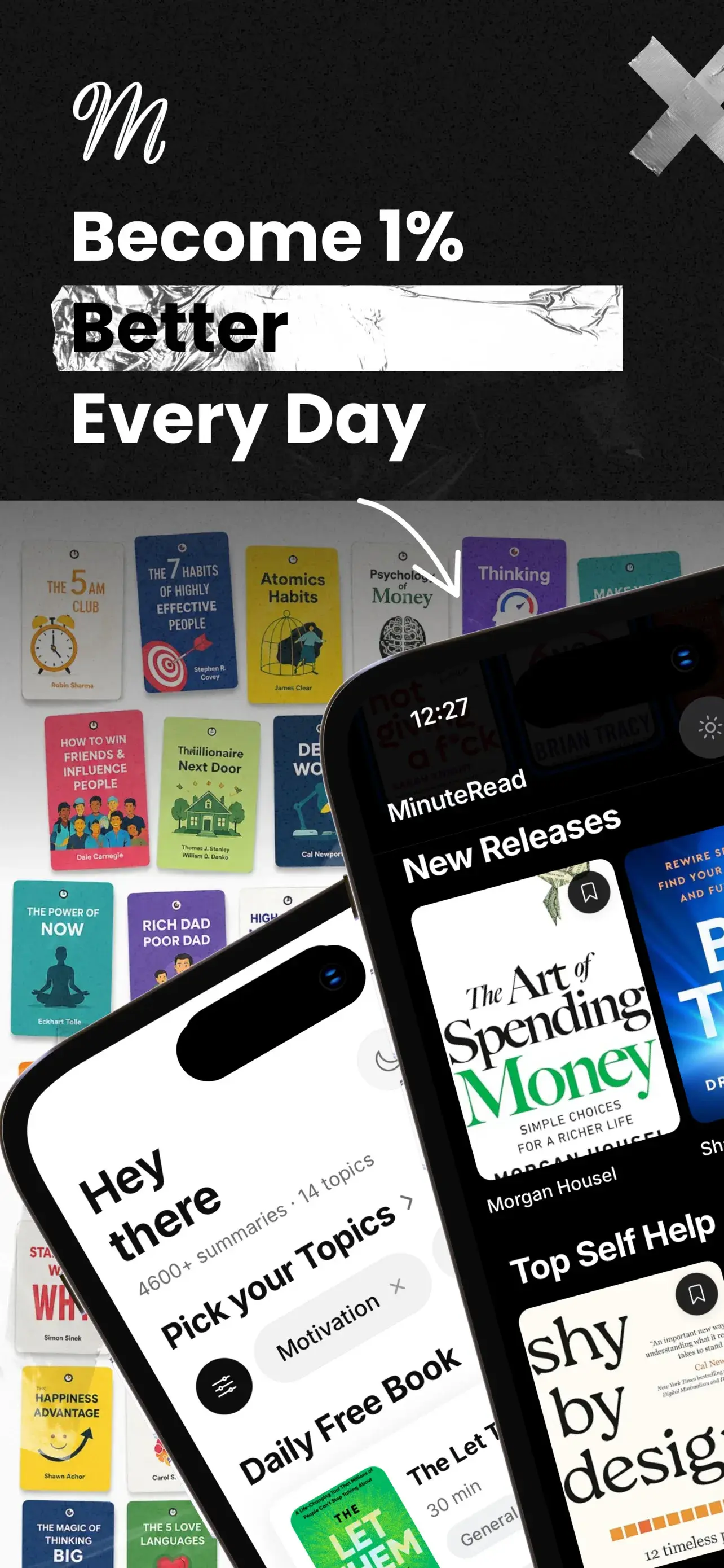 MinuteRead app home screen showing personalized topics and book summaries