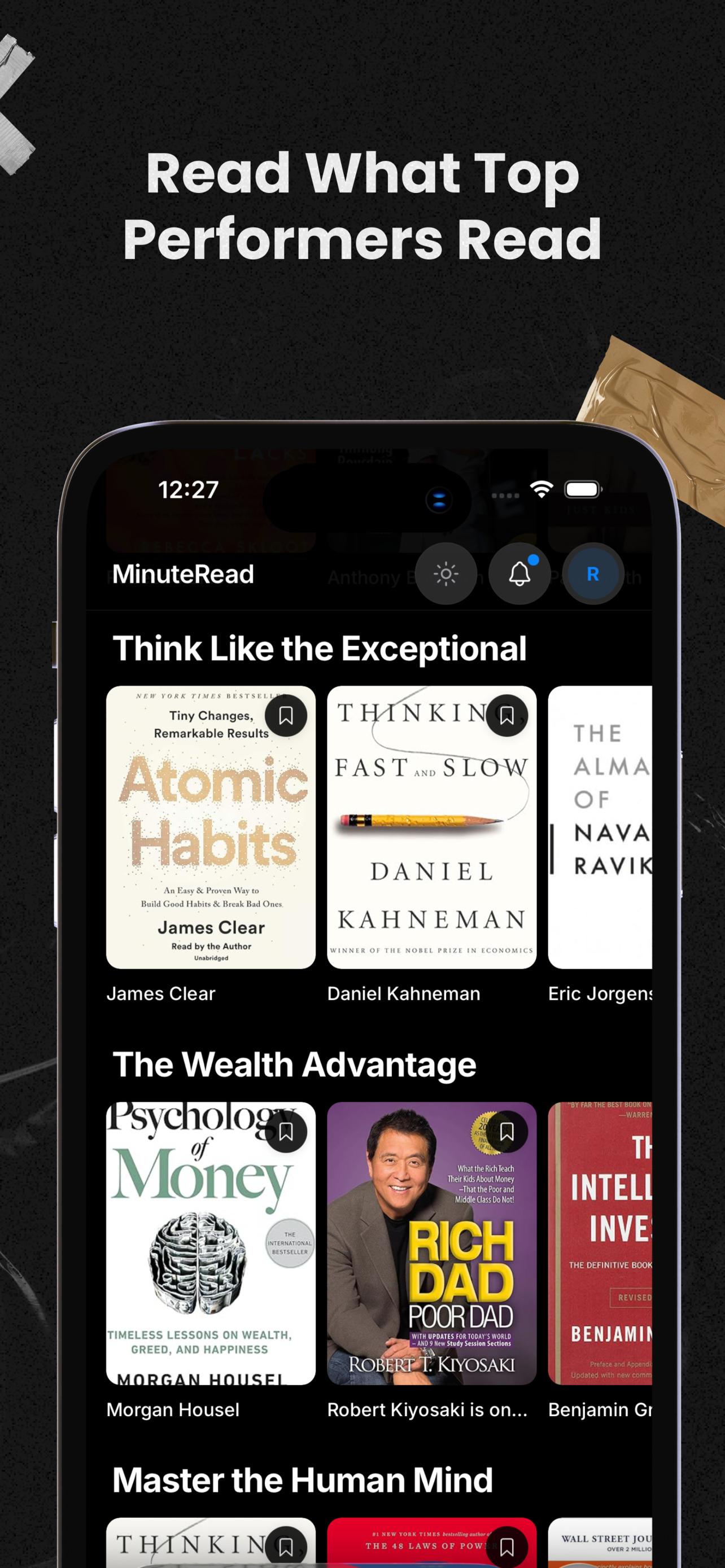MinuteRead browse screen with curated book collections