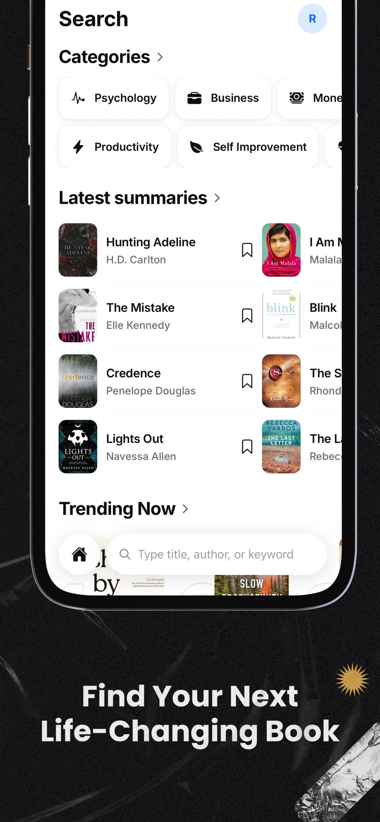 MinuteRead search screen with categories and latest summaries