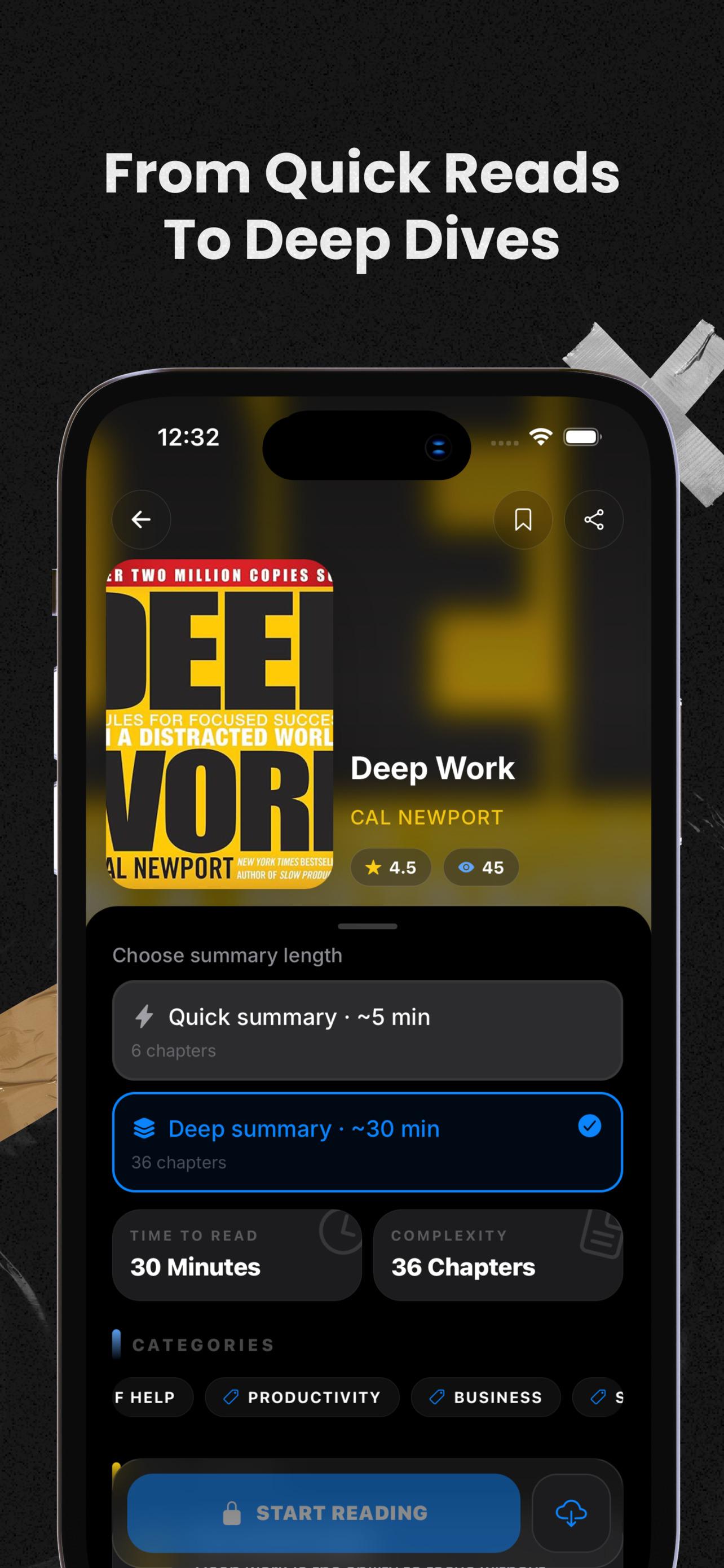 MinuteRead summary length selection with quick and deep options