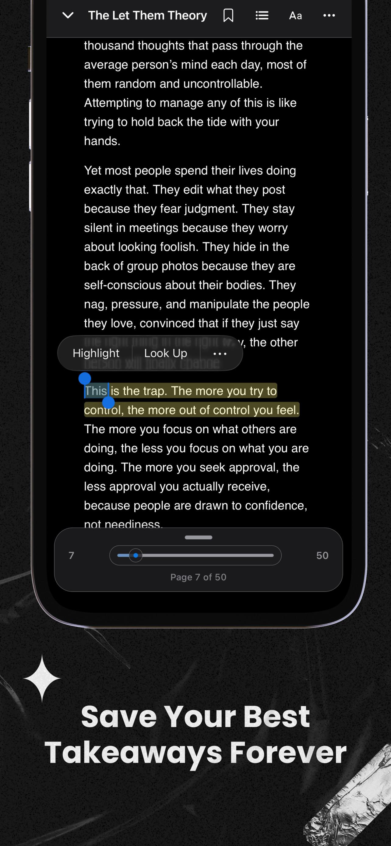 MinuteRead reading screen with highlighted takeaways
