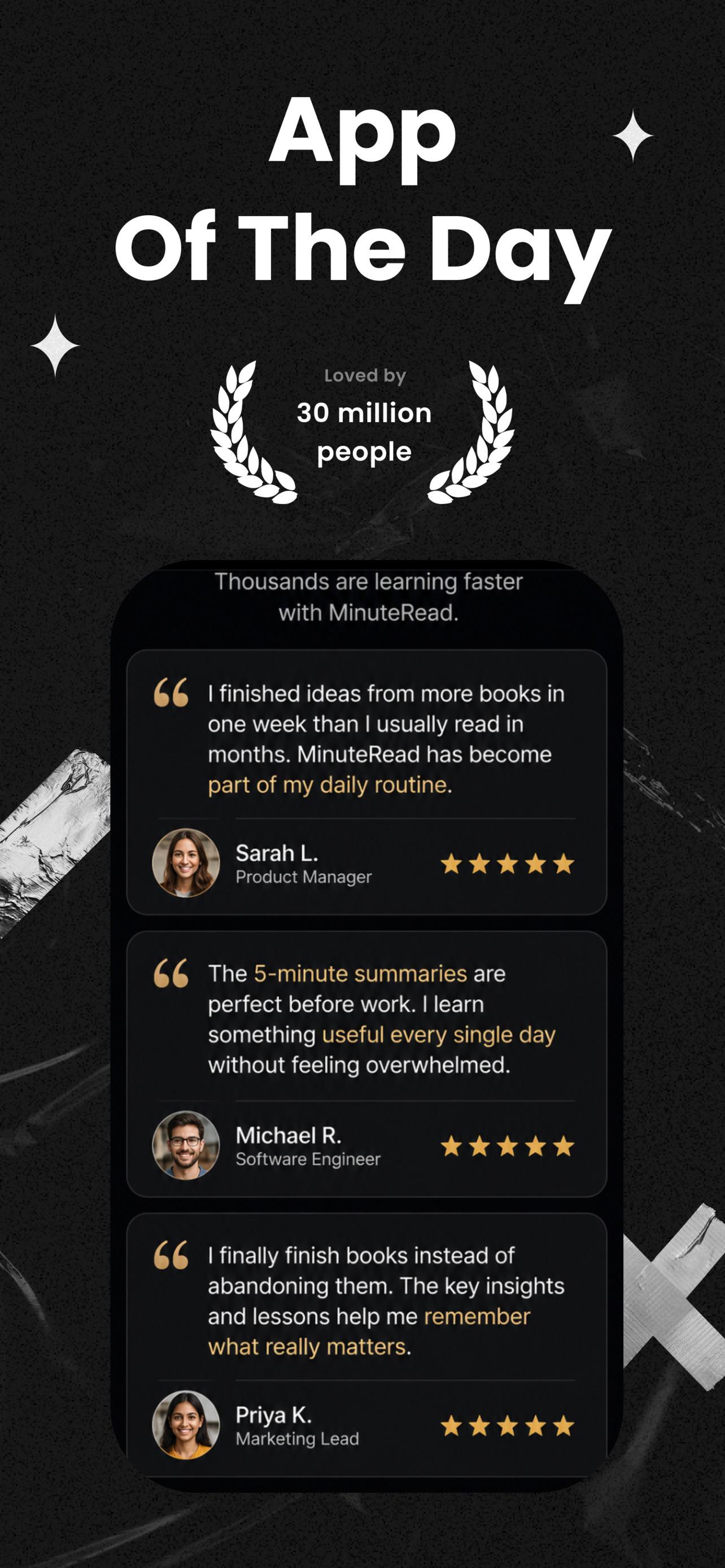 MinuteRead reader testimonials and ratings inside the app